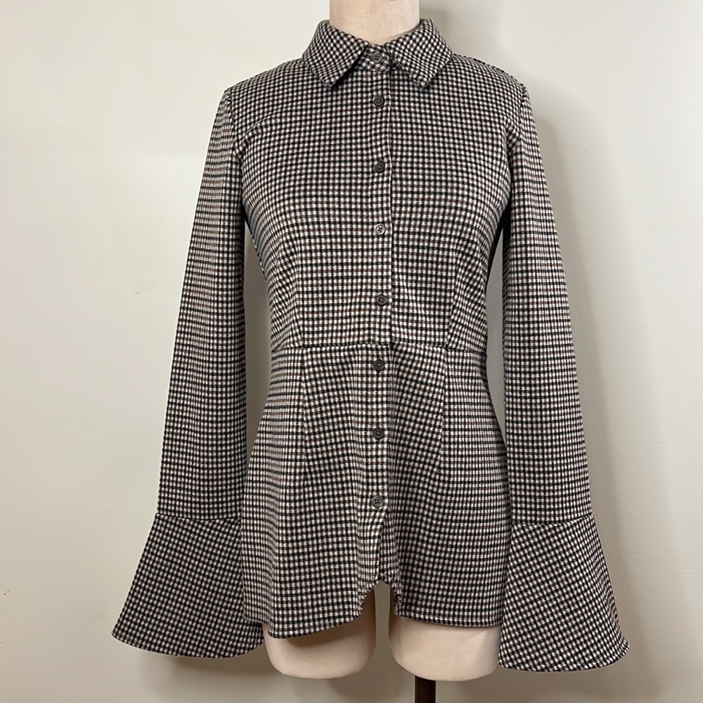 Simons Icone Long sleeve shirt jacket flared sleeves brown plaid Womens Medium